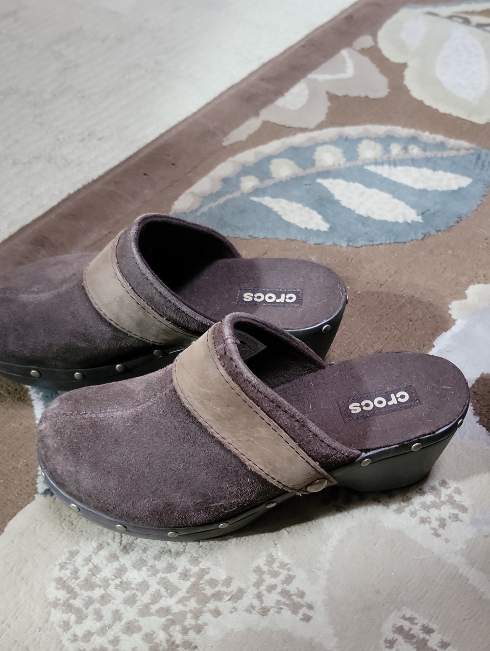 CROCS Brown Suede Slip-On Clogs with Tan Strap On Top